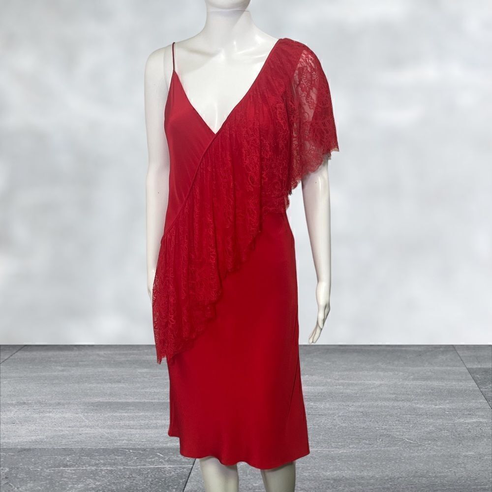 Diane Von Furstenberg Red Spaghetti Strap Ine Shoulder Ruffle Slip Dress